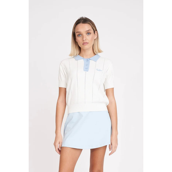 Huffer - Womens Line Knit Polo - Chalk Ice Blue