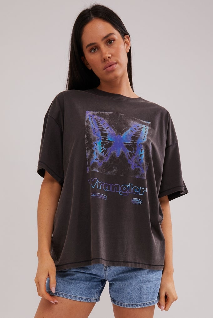Wrangler - Butterfly Effect Tee - Worn Black - Womens-Tops : We stock the  very latest in Surf, Street and Skate clothing, footwear, wetties,  surfboards, skateboards, sunnies and accessories. Shop with us